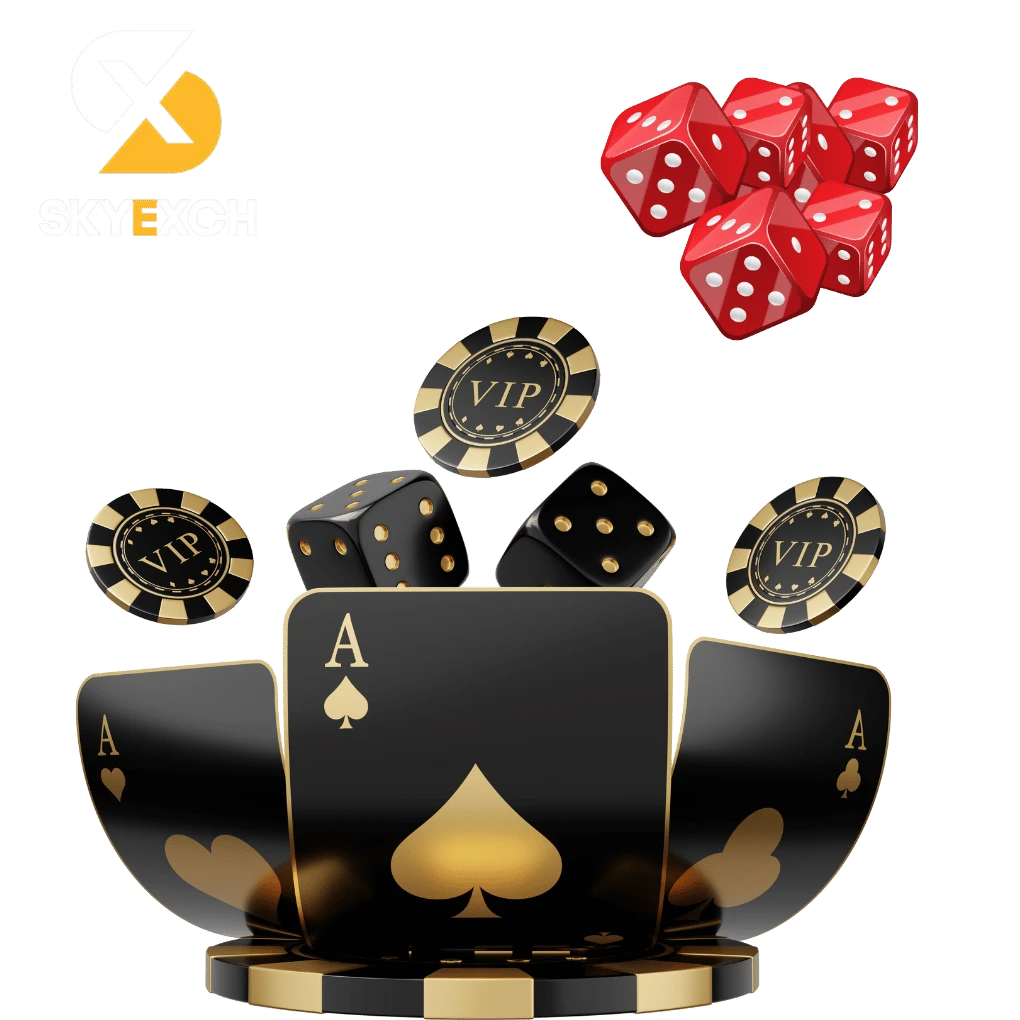 Stacked design featuring a large coin at the base, three playing cards arranged in a flower shape, two dices above, topped with another big coin and additional dices, symbolizing Card Games, Arcade Games, and Big Wins on a vibrant Gaming Platform