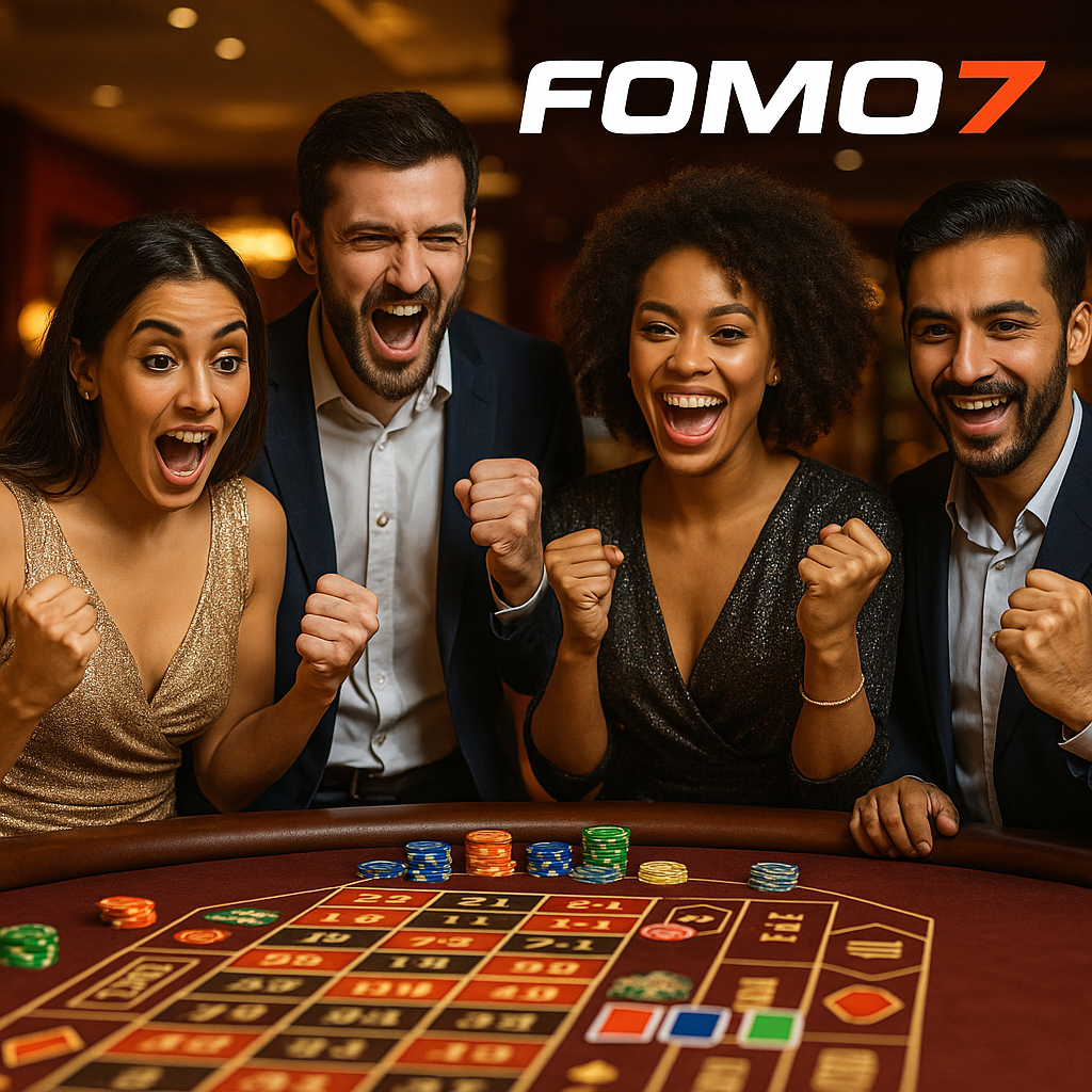 A group of excited friends celebrating a win at a Fomo7 casino table under warm golden lighting, showcasing the Fomo7 logo in the background.