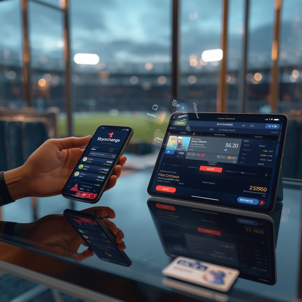 ### Alt text A photorealistic 3D scene of a hand tapping a smartphone showing the Skyexchange app dashboard with live cricket odds and a visible logo, a tablet beside it displaying a bet slip and glowing “Place Bet” button, a Skyexchange ID badge and ID card on a sleek glass table, and a blurred stadium visible through floor-to-ceiling windows with warm evening lighting and holographic UI elements floating around the devices.