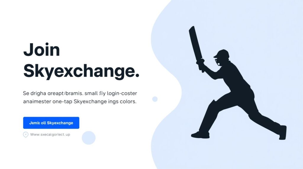 Bold headline “Join Skyexchange” over minimalist cricket silhouette with one‑tap Skyexchange login button in high‑contrast brand colors.