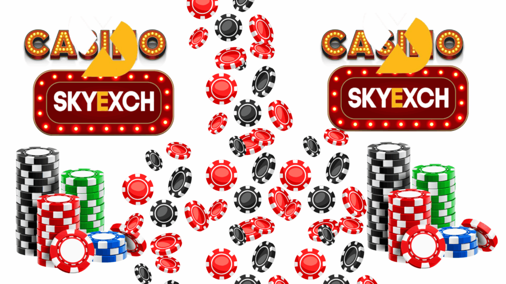 “Casino-themed SkyExch banner featuring two illuminated SkyExch logos, stacks of multicolored chips, and falling red and black poker chips.”