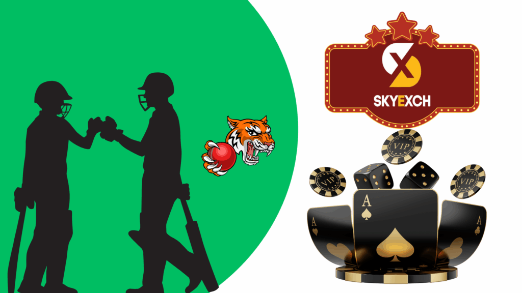 Silhouette of two cricketers fist-bumping on a green background with a tiger-cricket ball graphic, SkyExchange logo, and black-and-gold casino elements including cards, chips, and dice.