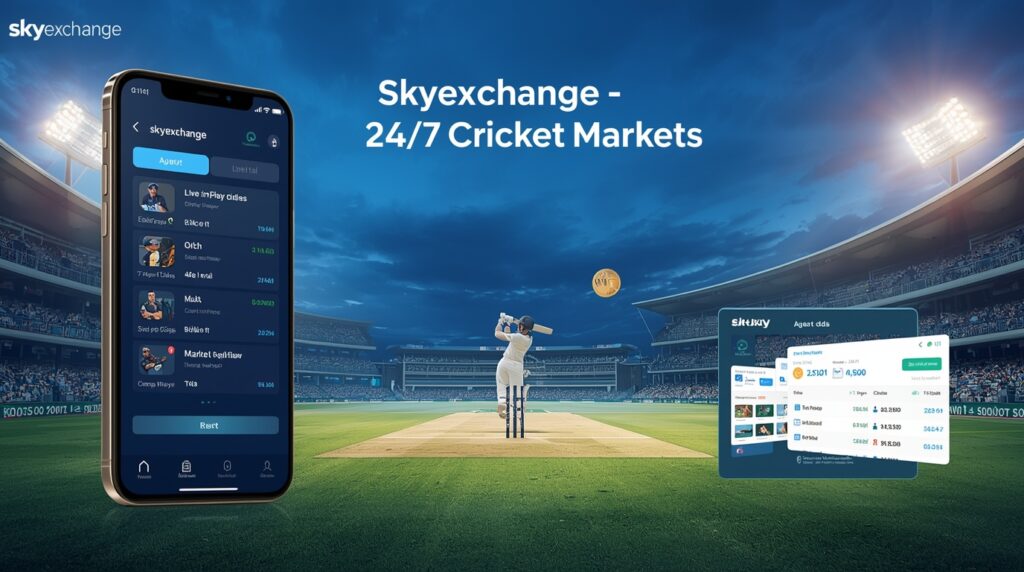 Promotional banner showing a smartphone with the Skyexchange app displaying live in‑play cricket odds and a “Bet” button, a floodlit stadium with a bowler mid‑delivery and batsman ready to strike, a gold VIP badge, and a small agent dashboard inset.