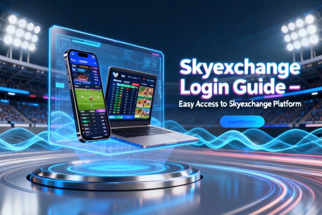 3D promotional banner for Skyexchange Login Guide – Easy Access to Skyexchange Platform, featuring futuristic gaming interface on holographic screens, neon blue and silver color scheme, esports-inspired background, and realistic 3D laptop and smartphone models displaying the Skyexchange gaming platform UI.
