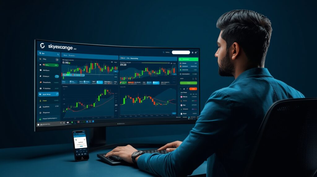 A confident South Asian man at a desk viewing a curved monitor showing the Skyexchange dashboard with live cricket and football odds, candlestick charts, an “AG Skyexchange” chat widget, and a smartphone displaying the Skyexchange login screen.