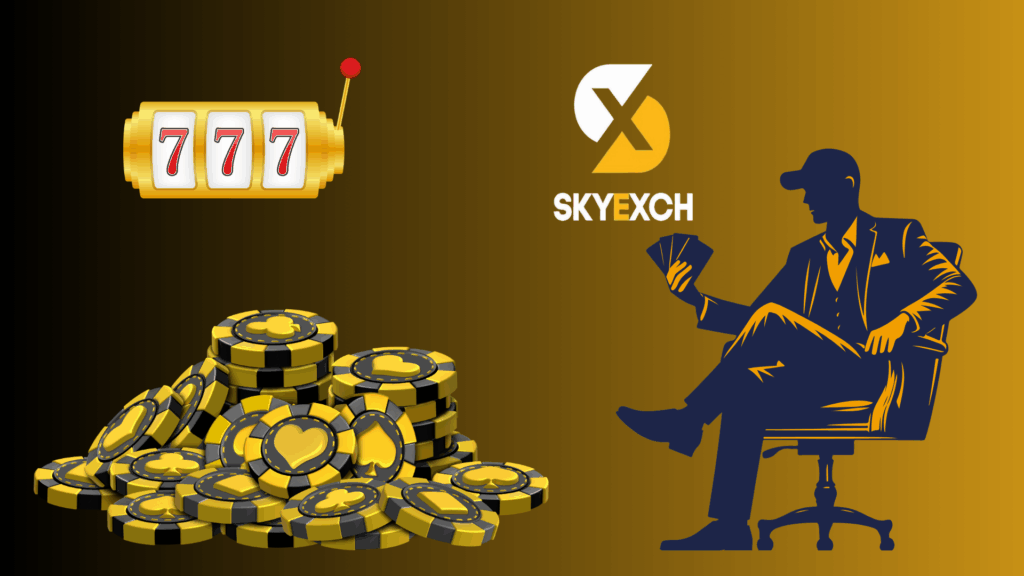 A gold-and-black themed casino illustration featuring a slot machine showing 777, stacks of poker chips, and a silhouette of a man holding playing cards beside the SkyExch logo.