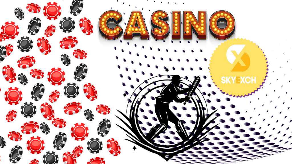 A vibrant graphic featuring falling red and black casino chips, a large marquee-style “CASINO” sign, a stylized cricket batsman illustration, and a golden SkyExch logo badge on a dotted abstract background.